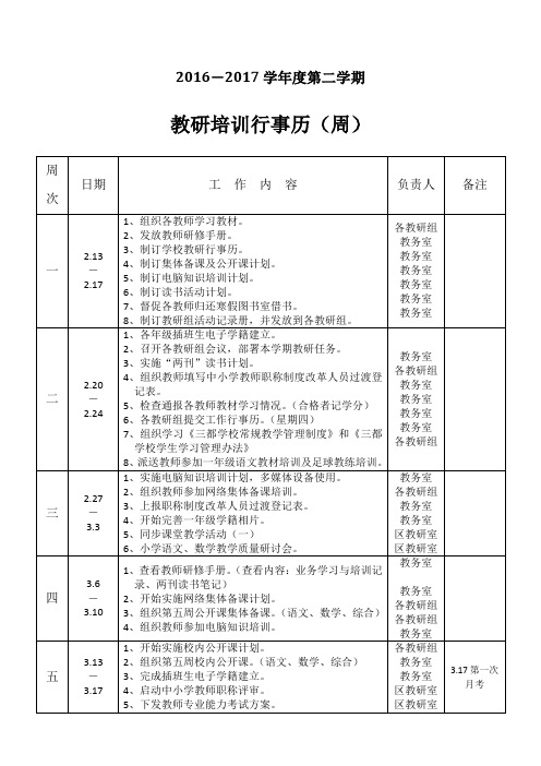 2016-2017第二学期教研培训行事历