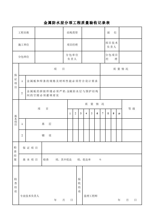 金属防水层分项工程质量验收记录表