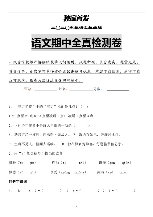 【期中】2020年秋统编版语文五年级上期中检测卷含答案 (精品必备)