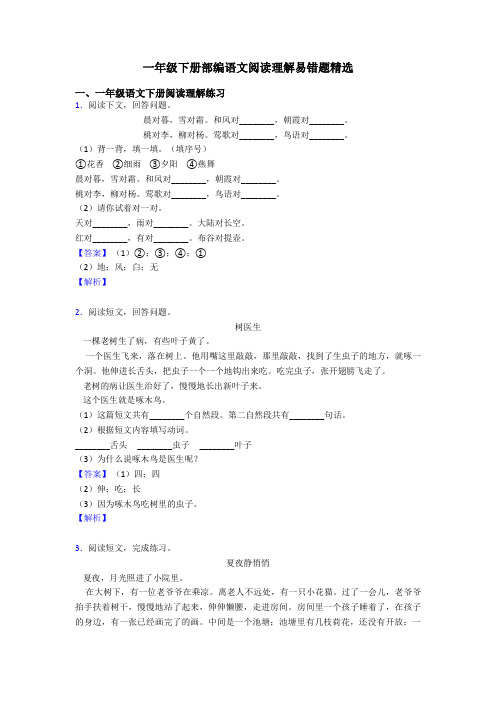 一年级下册部编语文阅读理解易错题精选