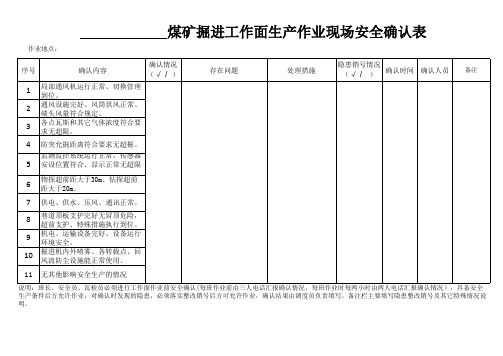 煤矿掘进工作面生产作业安全确认记录