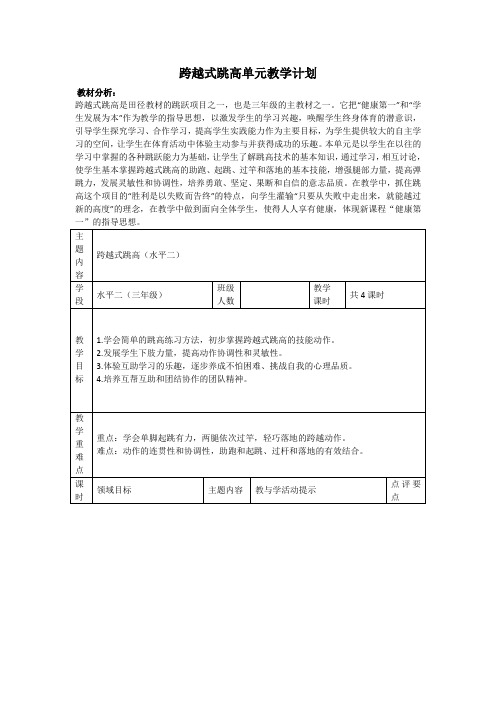 跨越式跳高单元教学计划及课时教案