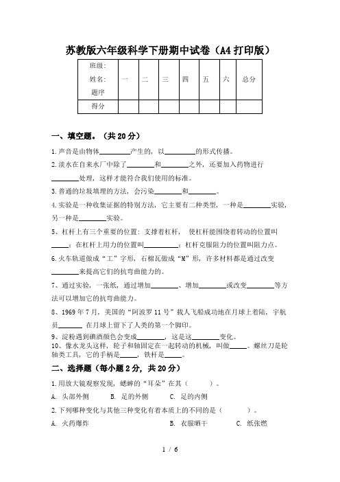 苏教版六年级科学下册期中试卷(A4打印版)