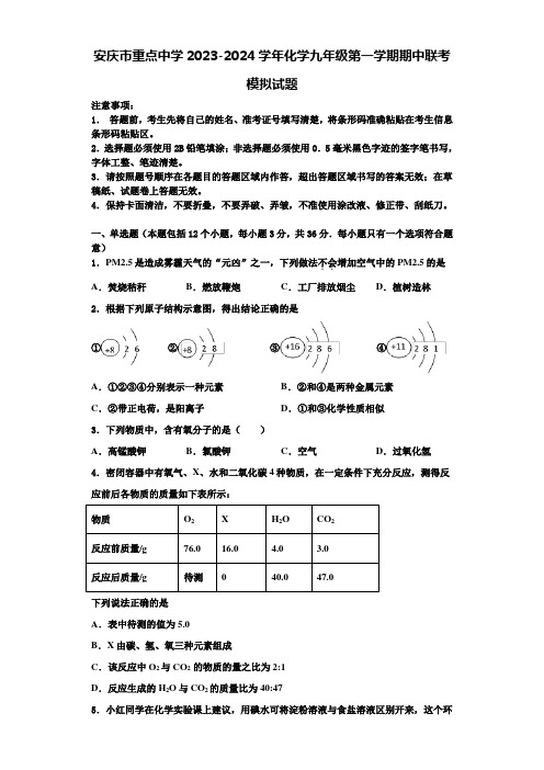 安庆市重点中学2023-2024学年化学九年级第一学期期中联考模拟试题含解析