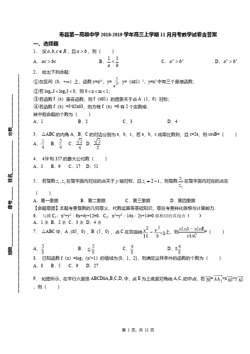 寿县第一高级中学2018-2019学年高三上学期11月月考数学试卷含答案