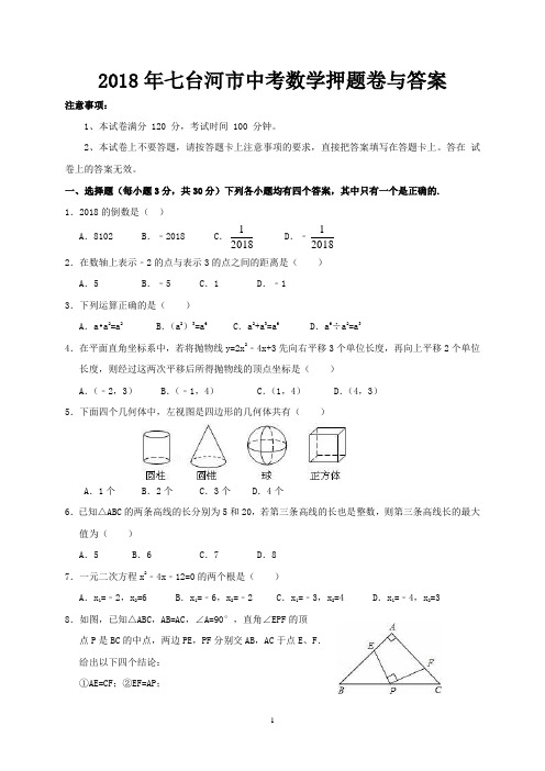 2018年七台河市中考数学押题卷与答案