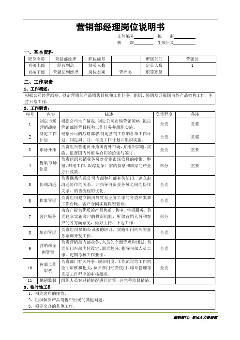 营销部经理岗位说明书