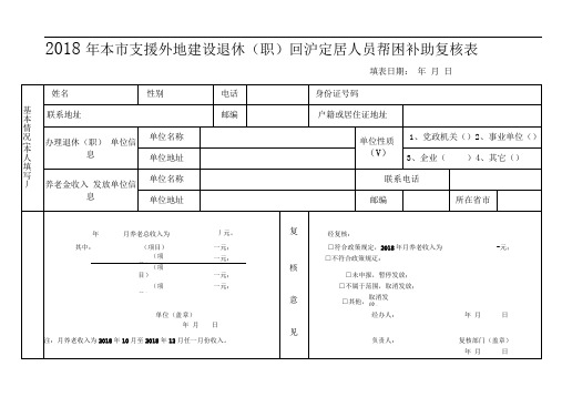 2018年本市支援外地建设退休回沪定居人员帮困补助复核表