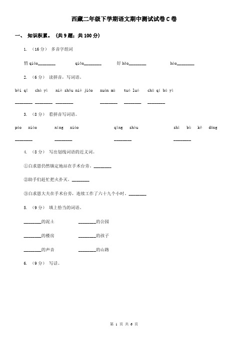 西藏二年级下学期语文期中测试试卷C卷