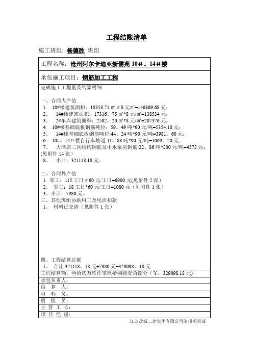 沧州工地工程结算单---精品模板