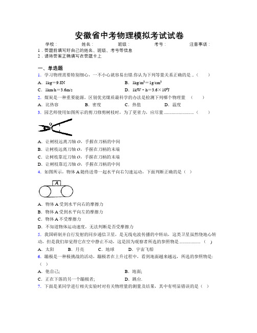 安徽省中考物理模拟考试试卷附解析