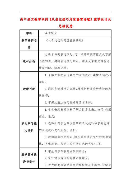 高中语文教学课例《从表达技巧角度鉴赏诗歌》课程思政核心素养教学设计及总结反思