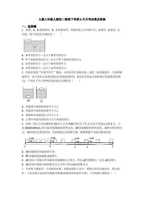 人教八年级人教初二物理下学期6月月考试卷及答案