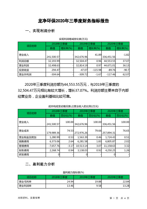 龙净环保2020年三季度财务指标报告