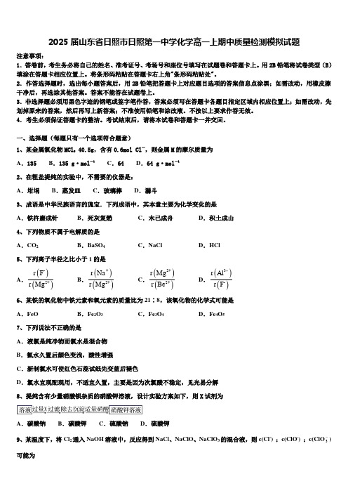 2025届山东省日照市日照第一中学化学高一上期中质量检测模拟试题含解析