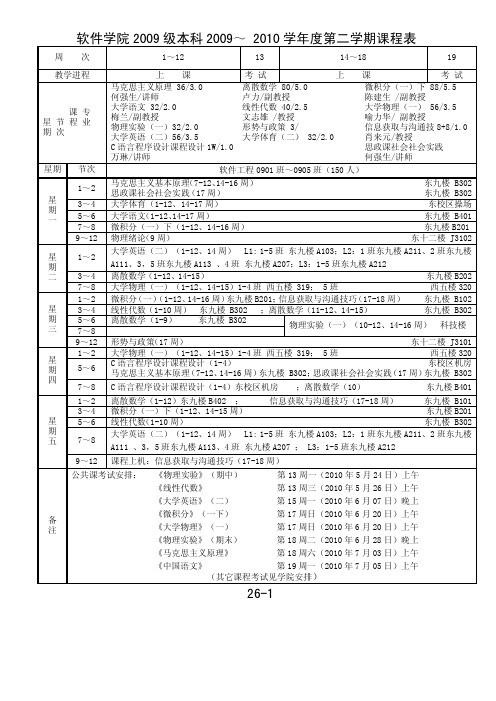 华科软件学院2009-2010学年度第二学期课表