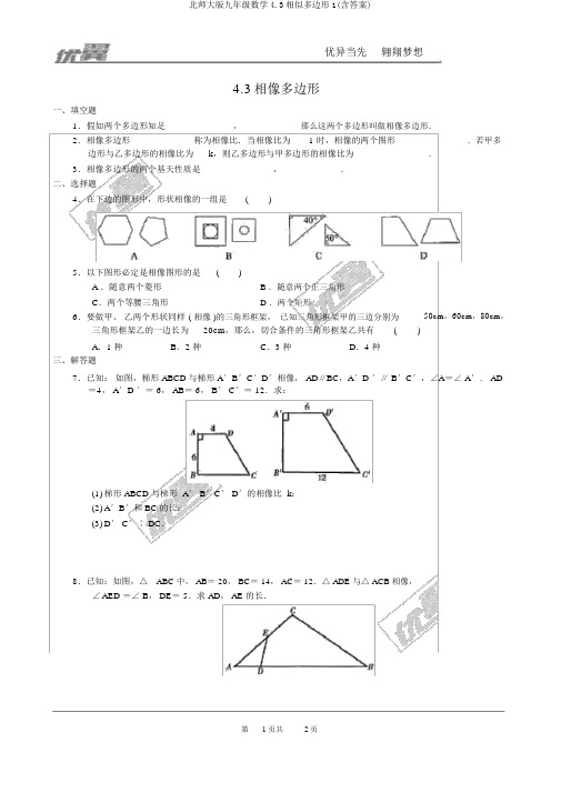 北师大版九年级数学4.3相似多边形1(含答案)