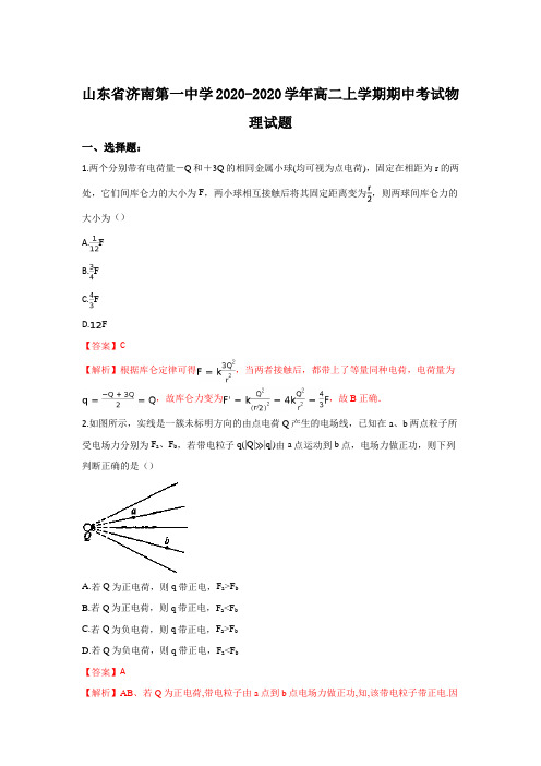 山东省济南第一中学2020学年高二上学期期中考试物理试题 含解析