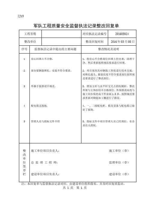 军队工程质量安全监督执法记录整改回复单