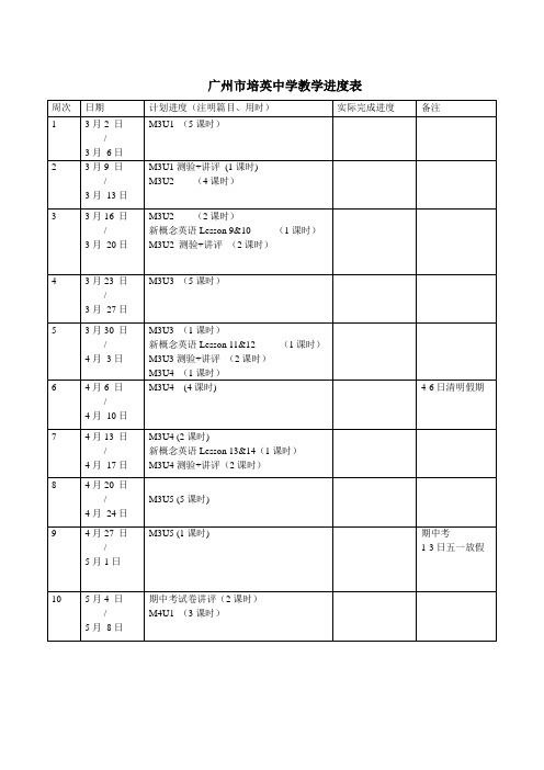 2014学年高一英语下学期教学进度表