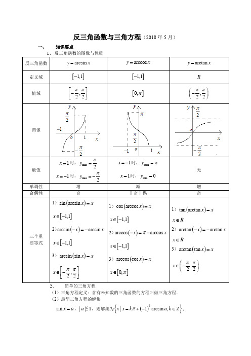 2018高考复习数学第一轮  第32讲 反三角函数与三角方程(知识点、例题、讲解、练习、拓展、答案)