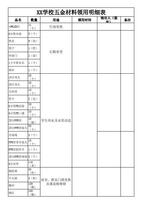 中小学五金材料领用明细表