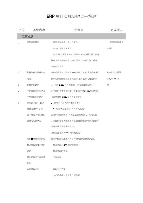 ERP项目实施关键点一览表