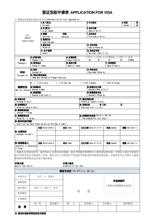 韩国签证申请表