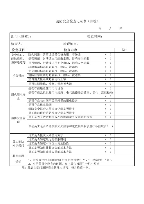 部门消防月度检查表