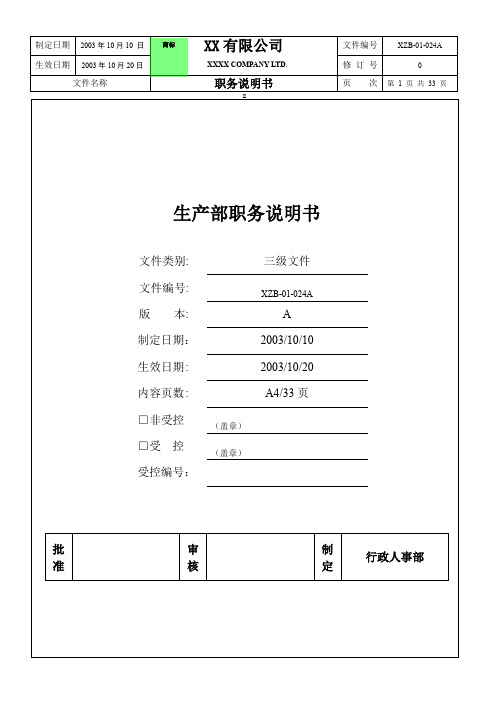 (精品文档)某公司生产部职务说明书页