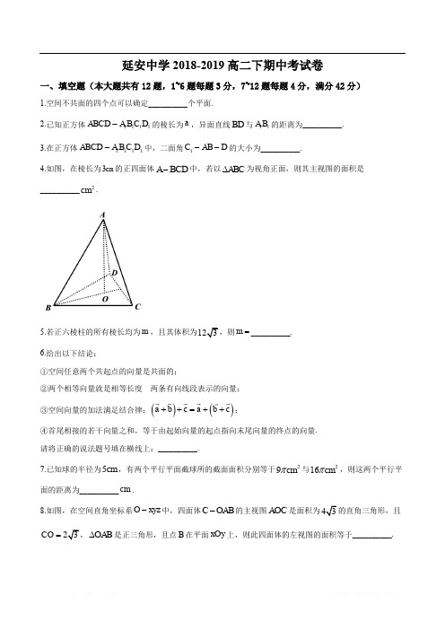 精品解析：上海市延安中学2018-2019学年高二下学期期中数学试题(原卷版)