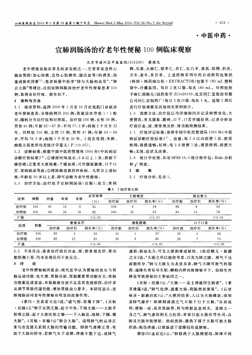 宣肺润肠汤治疗老年性便秘100例临床观察