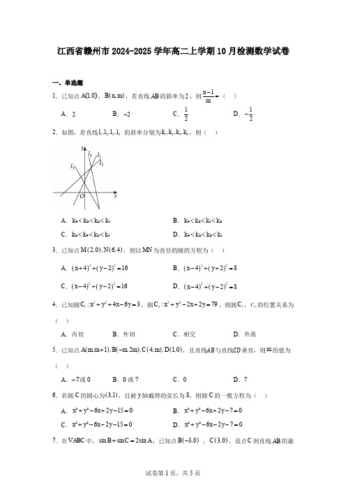 江西省赣州市2024-2025学年高二上学期10月检测数学试卷