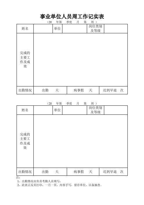 事业单位人员周工作记实表