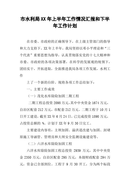 市水利局XX年上半年工作情况汇报和下半年工作计划