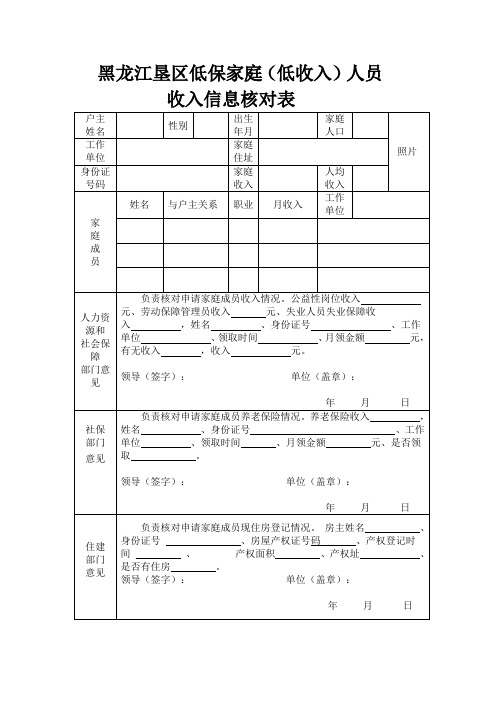 低保家庭(低收入)人员收入信息核对表