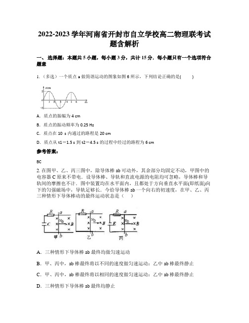 2022-2023学年河南省开封市自立学校高二物理联考试题含解析