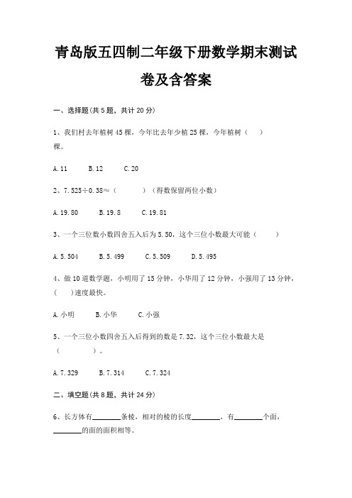 青岛版五四制二年级下册数学期末试卷带答案(全面)