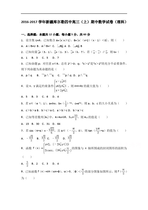 新疆库尔勒四中2017届高三上学期期中数学试卷(理科) W