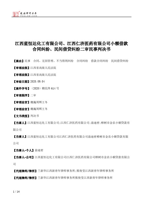 江西蓝恒达化工有限公司、江西仁济医药有限公司小额借款合同纠纷、民间借贷纠纷二审民事判决书