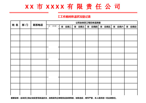 员工复工体温登记表模板