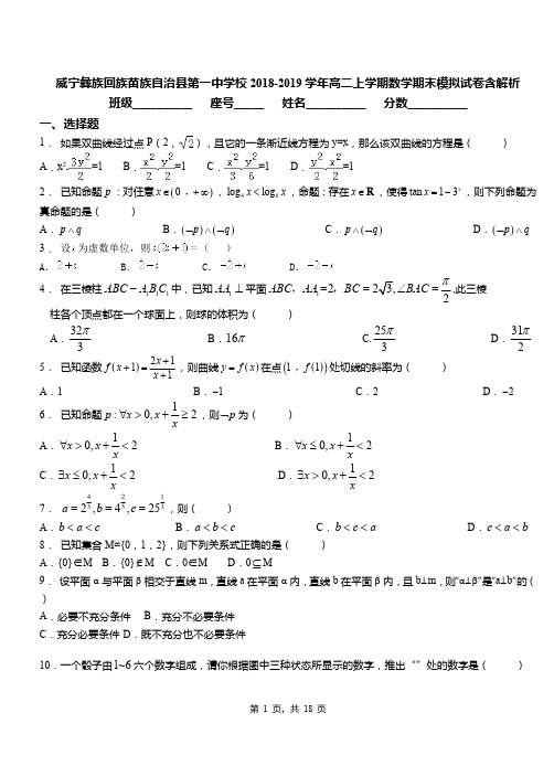 威宁彝族回族苗族自治县第一中学校2018-2019学年高二上学期数学期末模拟试卷含解析