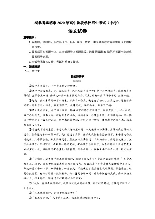 湖北省孝感市2020年初中学业水平考试(中考)语文试题及答案