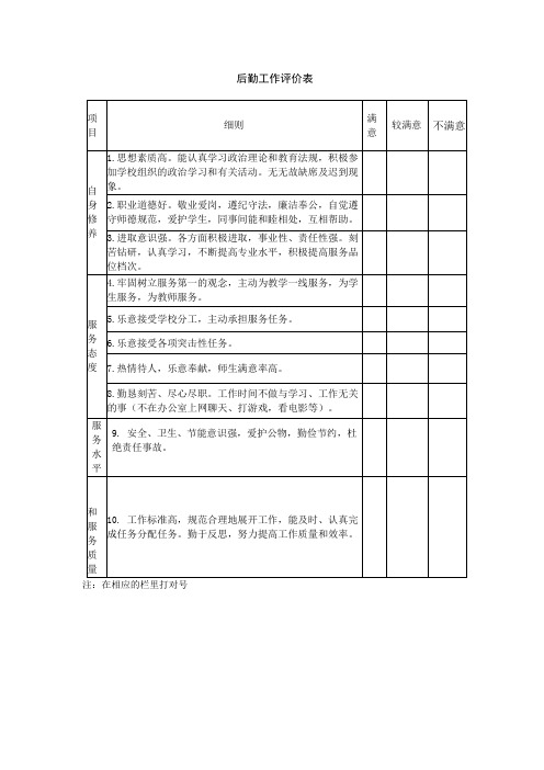 后勤工作评价表