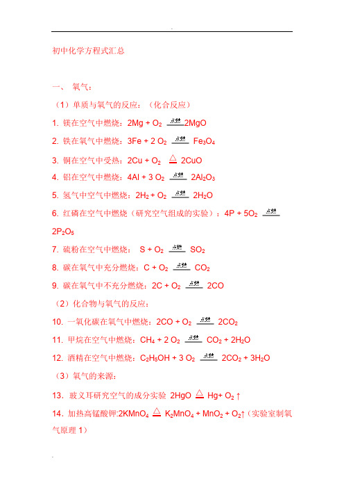 人教版初中阶段九年级所有化学方程式汇总大全