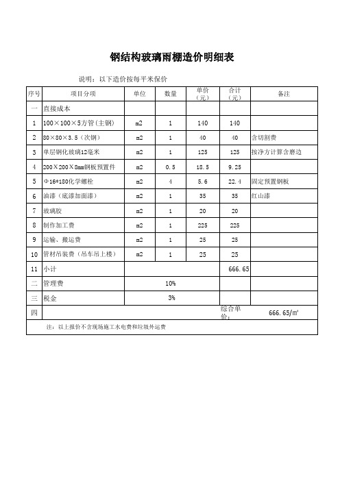 钢结构玻璃雨篷造价明细表