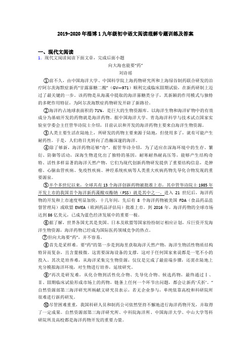 2019-2020年淄博1九年级初中语文阅读理解专题训练及答案