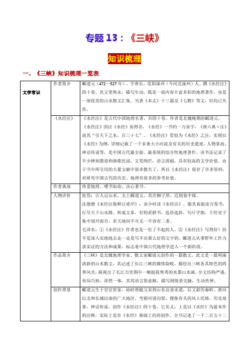 专题13《三峡》(知识梳理)-2024年中考语文课内39篇文言文阅读