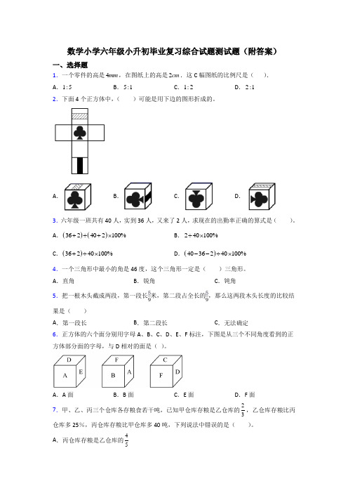 数学小学六年级小升初毕业复习综合试题测试题(附答案)