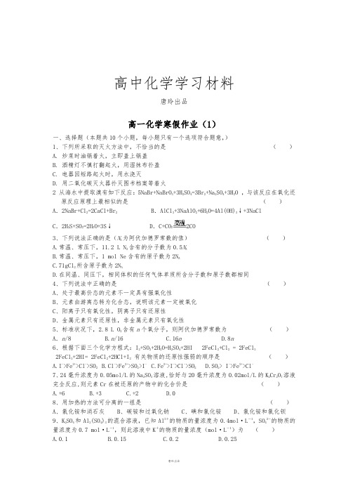 人教版高中化学必修一高一寒假作业1.docx